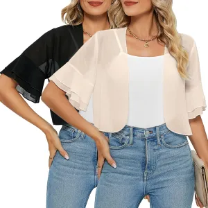 2 Pack Women Sheer Shrug, 3/4 Sleeve Bolero Cardigan Lightweight Chiffon Cropped Tops Open Front Shrug for Evening Dresses