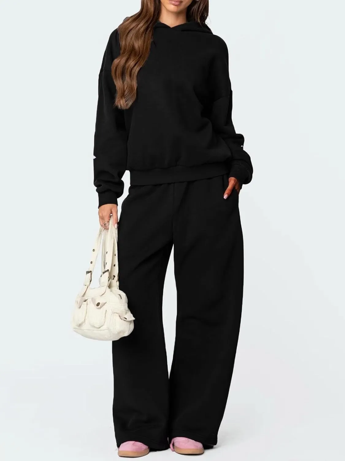 2 Piece Hoodie Set for Women Y2k Bow Print Oversized Sweatshirt Wide Leg Sweatpants Cute Sweatsuit Set