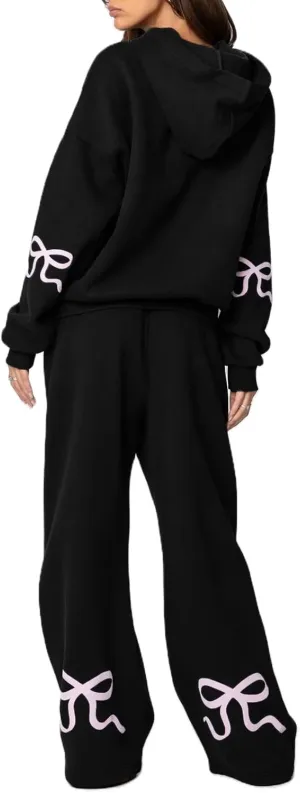 2 Piece Hoodie Set for Women Y2k Bow Print Oversized Sweatshirt Wide Leg Sweatpants Cute Sweatsuit Set