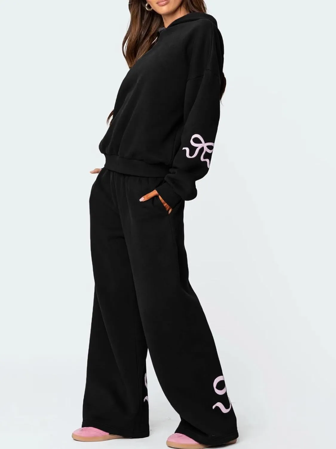 2 Piece Hoodie Set for Women Y2k Bow Print Oversized Sweatshirt Wide Leg Sweatpants Cute Sweatsuit Set