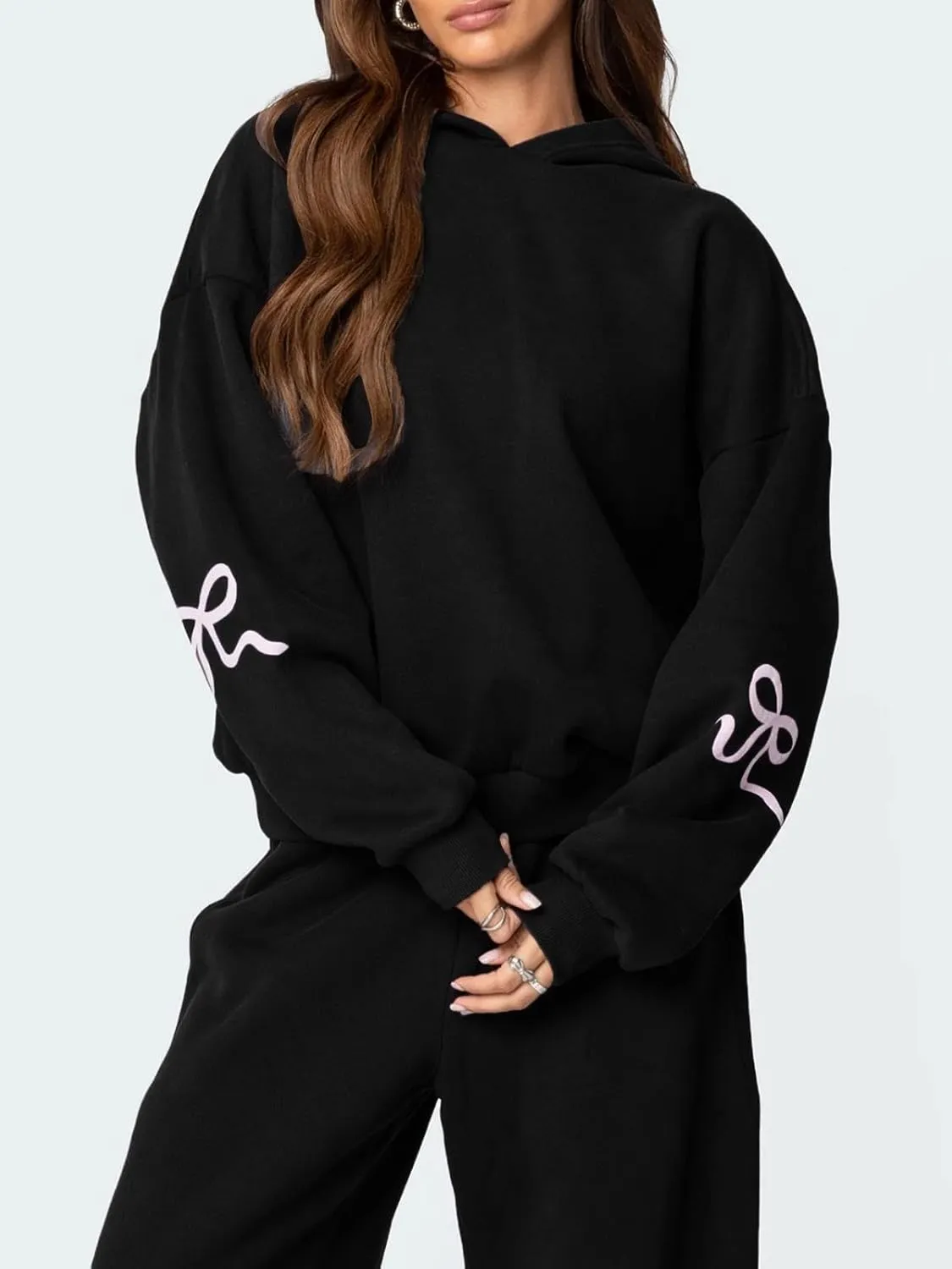 2 Piece Hoodie Set for Women Y2k Bow Print Oversized Sweatshirt Wide Leg Sweatpants Cute Sweatsuit Set