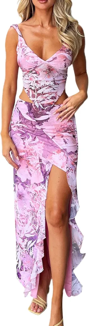 2 Piece Maxi Skirt Set for Womens Lace Up Back Tank Tops Tie Up High Waist Long Skirt Set