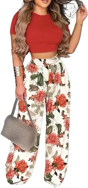 2 Piece Outfits for Women Short Sleeve Crop Top High Waist Wide Leg Long Pant Sets Tracksuit Sport Set