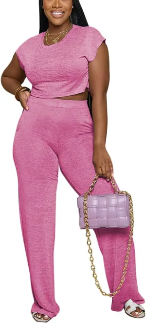 2 Piece Outfits for Women Short Sleeve Crop Top High Waist Wide Leg Long Pant Sets Tracksuit Sport Set