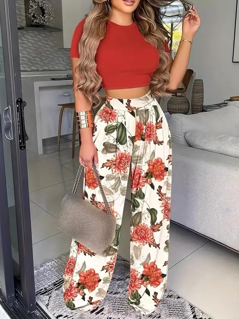 2 Piece Outfits for Women Short Sleeve Crop Top High Waist Wide Leg Long Pant Sets Tracksuit Sport Set