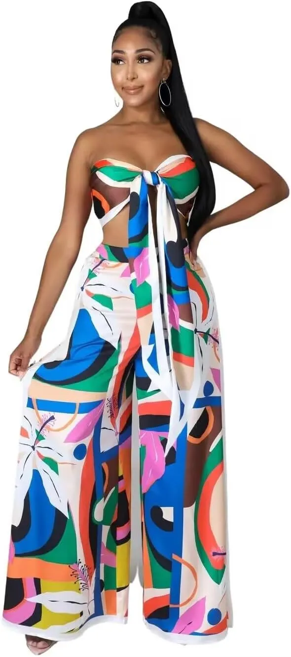 2 Piece Outfits for Women Summer Sleeveless Crop Tops Wide Leg Slit Pants Set Boho Floral Print Vacation Outfits