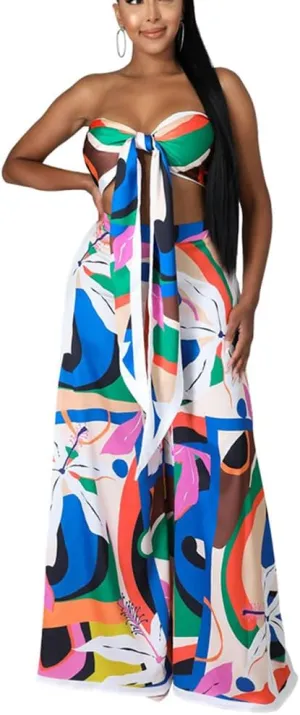 2 Piece Outfits for Women Summer Sleeveless Crop Tops Wide Leg Slit Pants Set Boho Floral Print Vacation Outfits