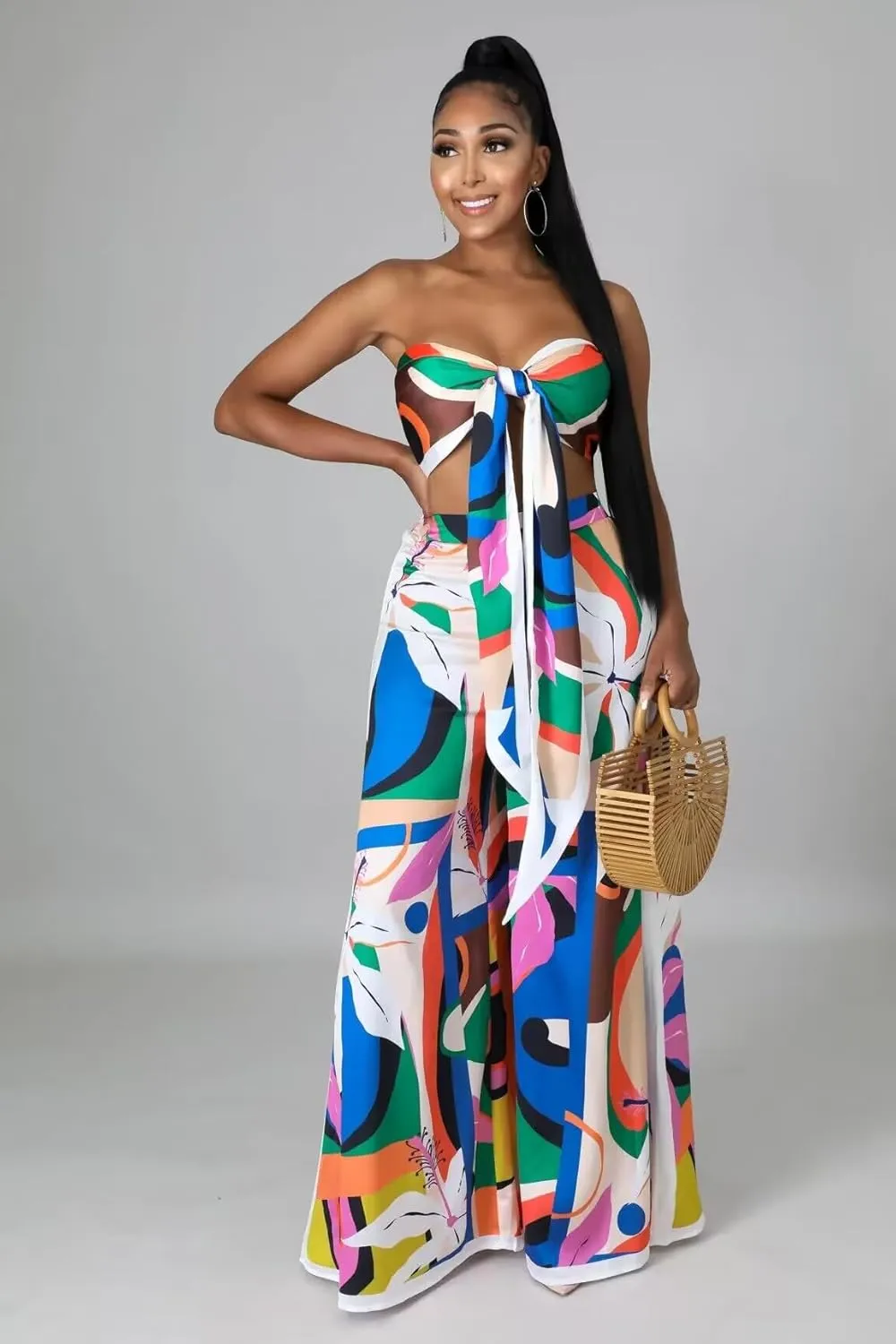 2 Piece Outfits for Women Summer Sleeveless Crop Tops Wide Leg Slit Pants Set Boho Floral Print Vacation Outfits