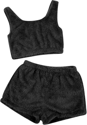 2 Piece Women's Fuzzy Pajamas Set Loungewear Crop Tank Top With Shorts Sleepwear Funny Christmas Pajamas for Family