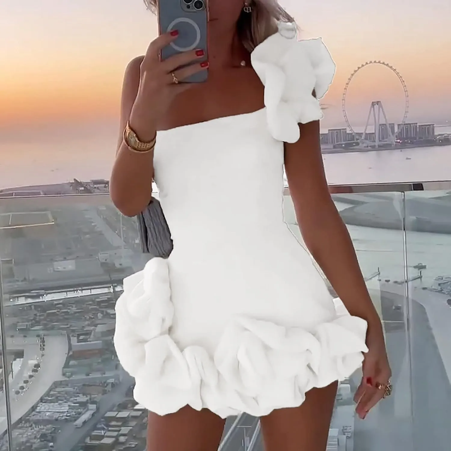2023 Women Sexy Ruffles One Shoulder Dresses Sleeveless Ruched Bodycon Mini Dress Cocktail Party Outfits Clubwear