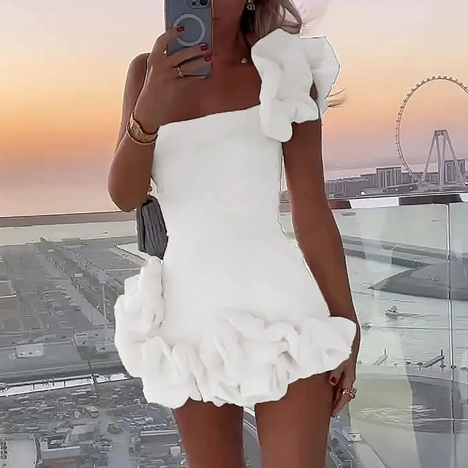 2023 Women Sexy Ruffles One Shoulder Dresses Sleeveless Ruched Bodycon Mini Dress Cocktail Party Outfits Clubwear