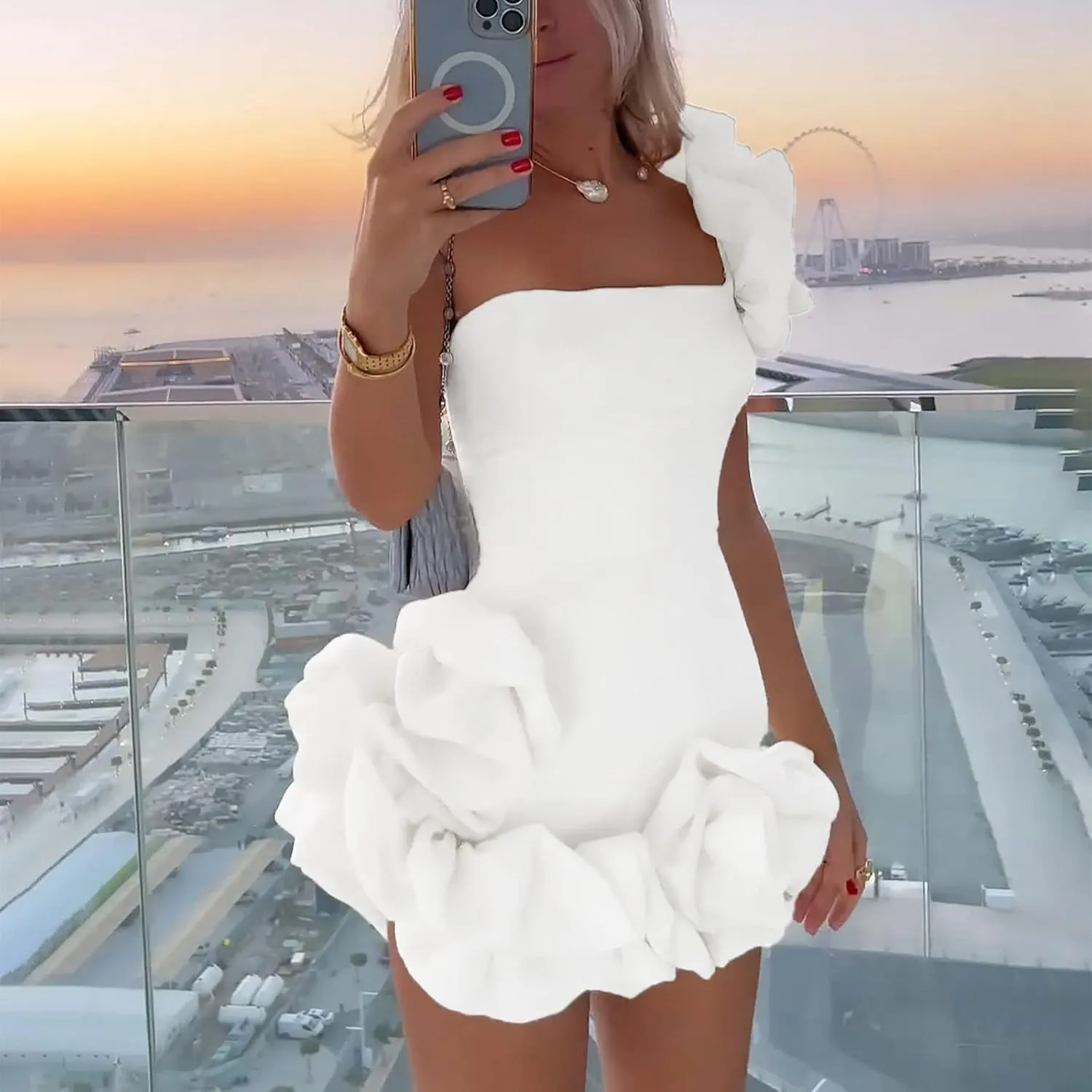 2023 Women Sexy Ruffles One Shoulder Dresses Sleeveless Ruched Bodycon Mini Dress Cocktail Party Outfits Clubwear