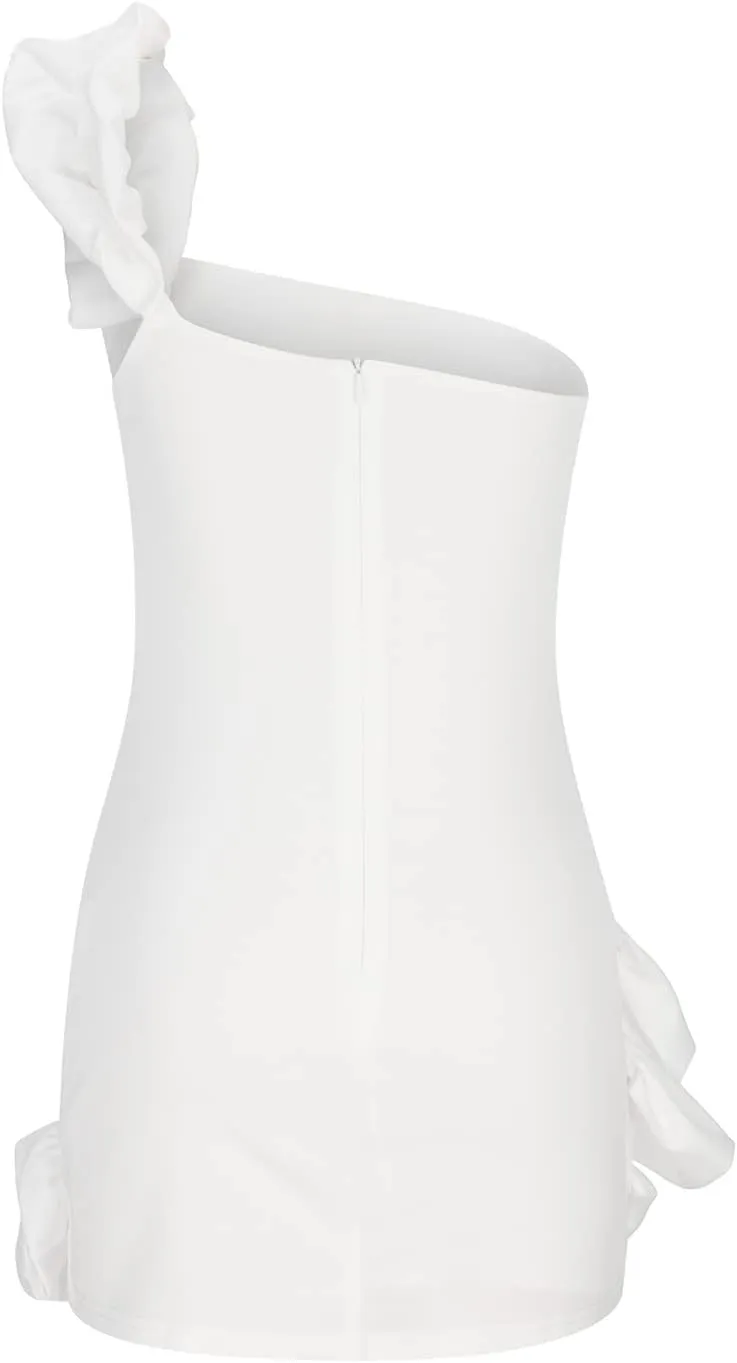 2023 Women Sexy Ruffles One Shoulder Dresses Sleeveless Ruched Bodycon Mini Dress Cocktail Party Outfits Clubwear