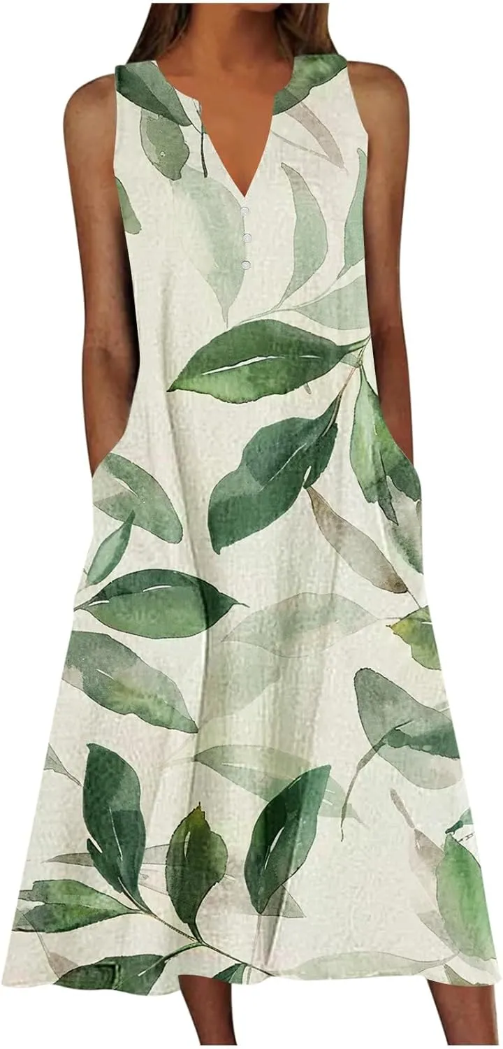 2025 Women Casual V Neck Dress Summer Printed Button Sleeveless Dresses Beach Holiday Party Midi Dress with Pockets