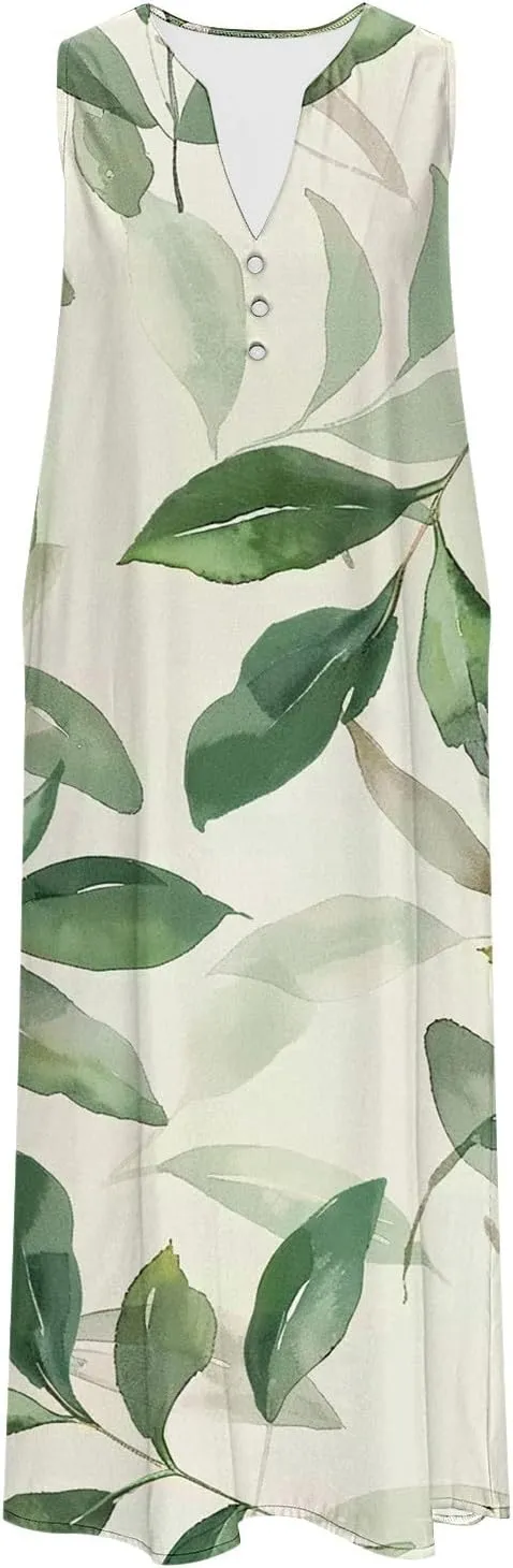 2025 Women Casual V Neck Dress Summer Printed Button Sleeveless Dresses Beach Holiday Party Midi Dress with Pockets