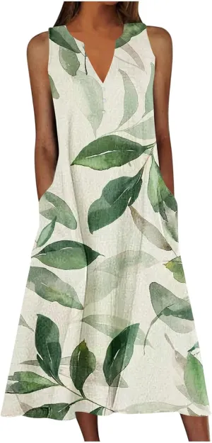 2025 Women Casual V Neck Dress Summer Printed Button Sleeveless Dresses Beach Holiday Party Midi Dress with Pockets