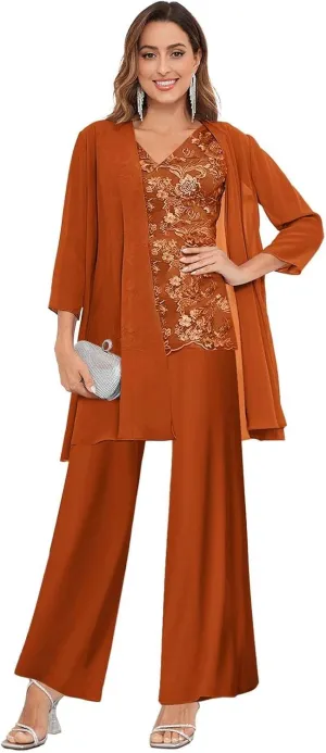 3 Pieces Mother of The Bride Pant Suits for Wedding Lace Chiffon Formal Evening Gowns with Jacket