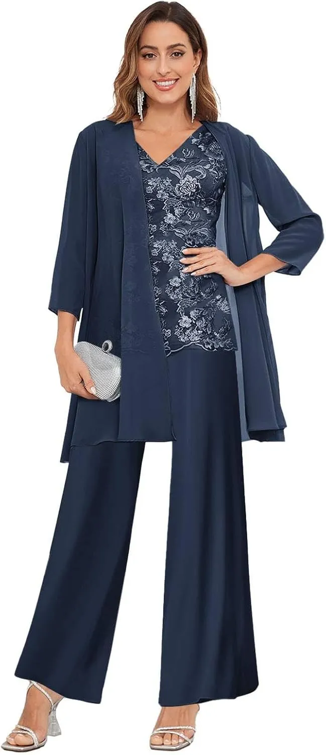 3 Pieces Mother of The Bride Pant Suits for Wedding Lace Chiffon Formal Evening Gowns with Jacket