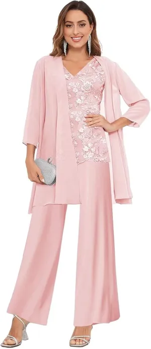3 Pieces Mother of The Bride Pant Suits for Wedding Lace Chiffon Formal Evening Gowns with Jacket