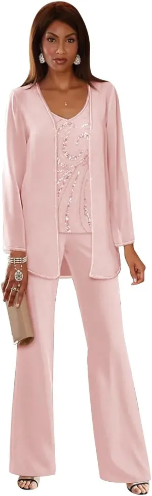 3 Pieces Mother of The Bride Pant Suits Sequin Chiffon Pant Suits for Wedding Formal Women