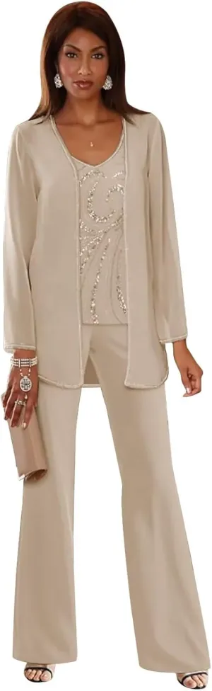 3 Pieces Mother of The Bride Pant Suits Sequin Chiffon Pant Suits for Wedding Formal Women