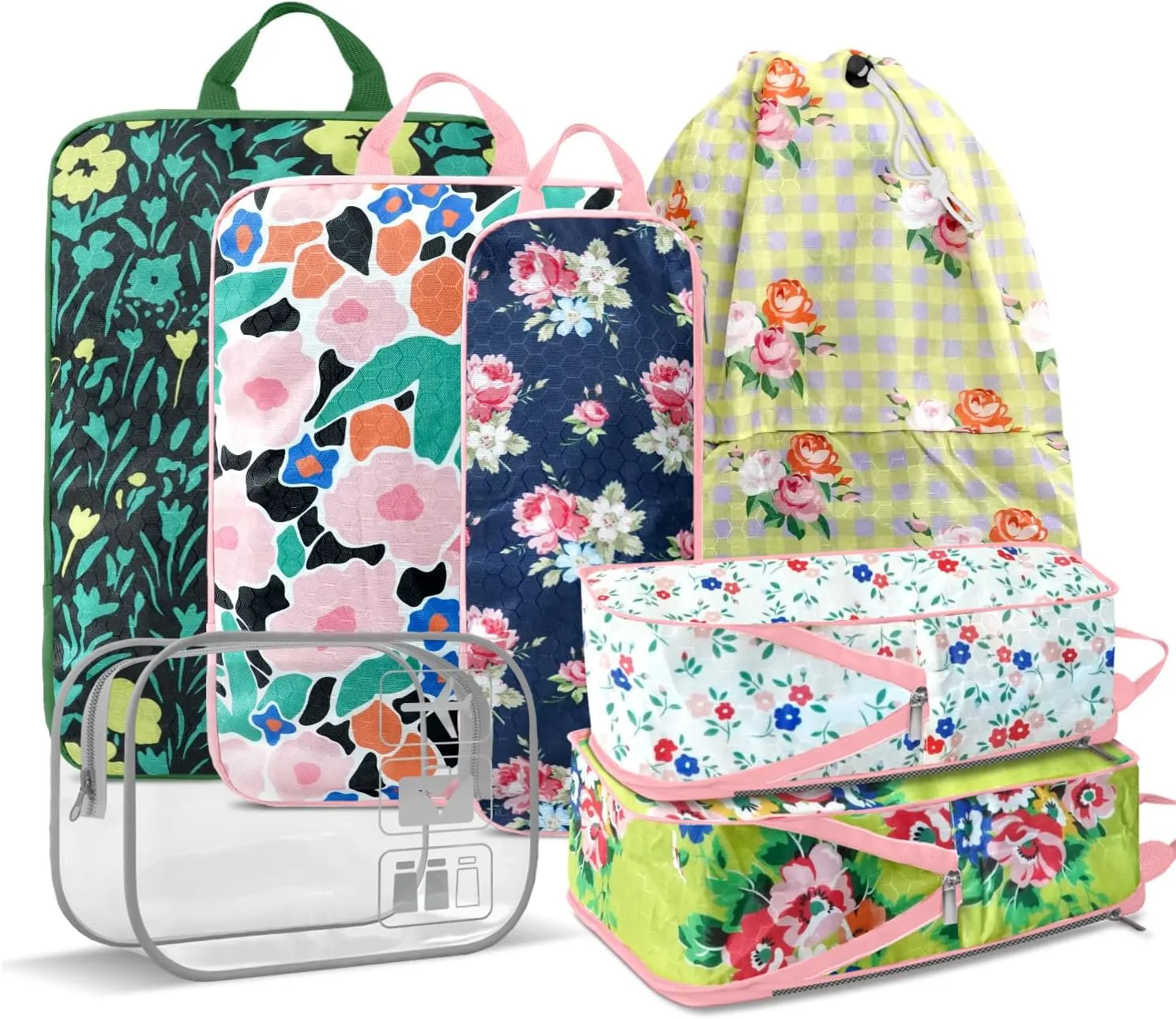 7 Piece Travel Compression Packing Cubes - Toiletry Kit Foldable Organizer Bags for Efficient Suitcase Packing - gingham print with lovely floral (Travel Essentials)