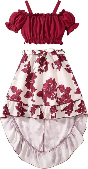 8-13T Girls Crop Tube Top and Floral Skirts 2PC Set Fashion Puff Sleeves Pleated Tank Tops & Midi Swing Skirts
