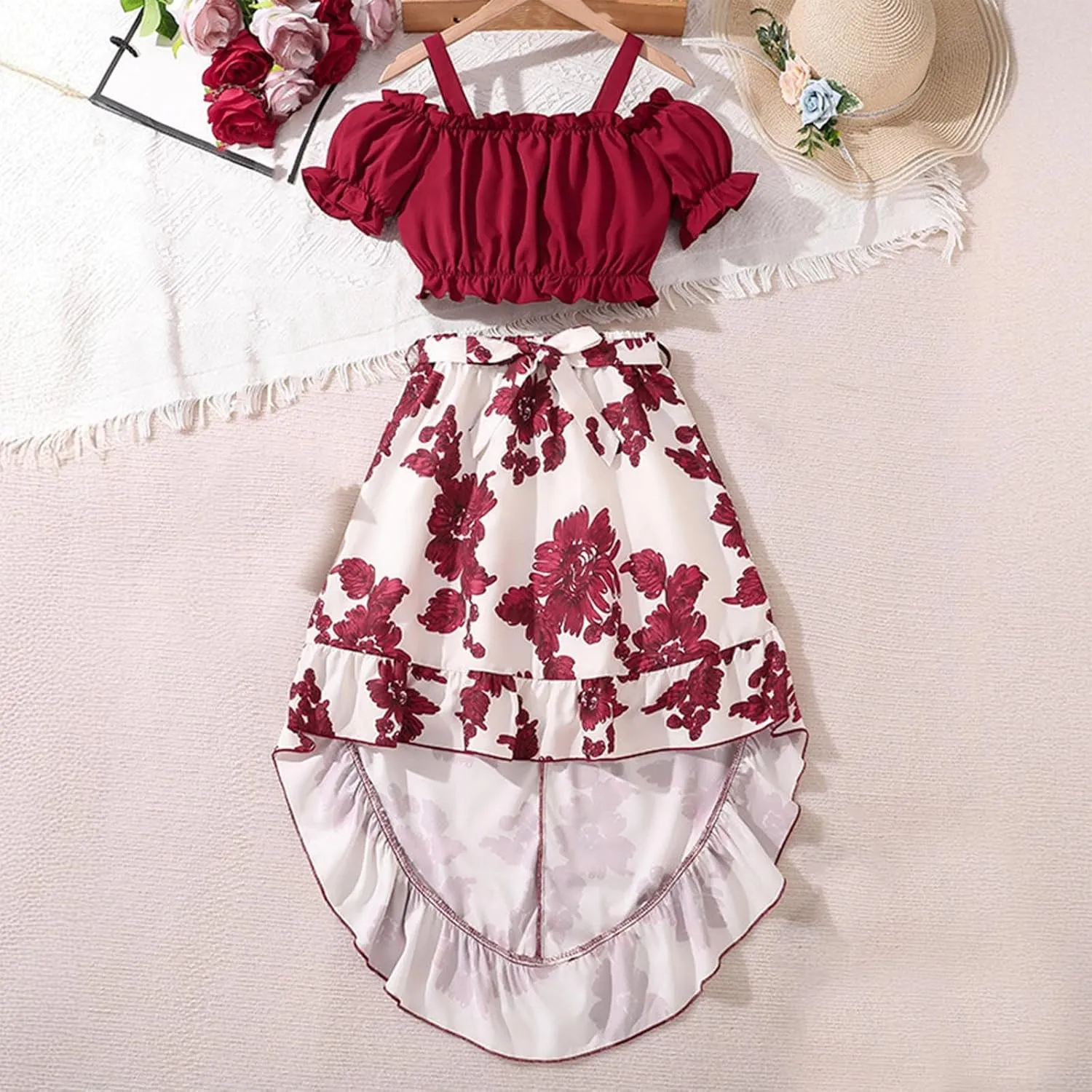 8-13T Girls Crop Tube Top and Floral Skirts 2PC Set Fashion Puff Sleeves Pleated Tank Tops & Midi Swing Skirts
