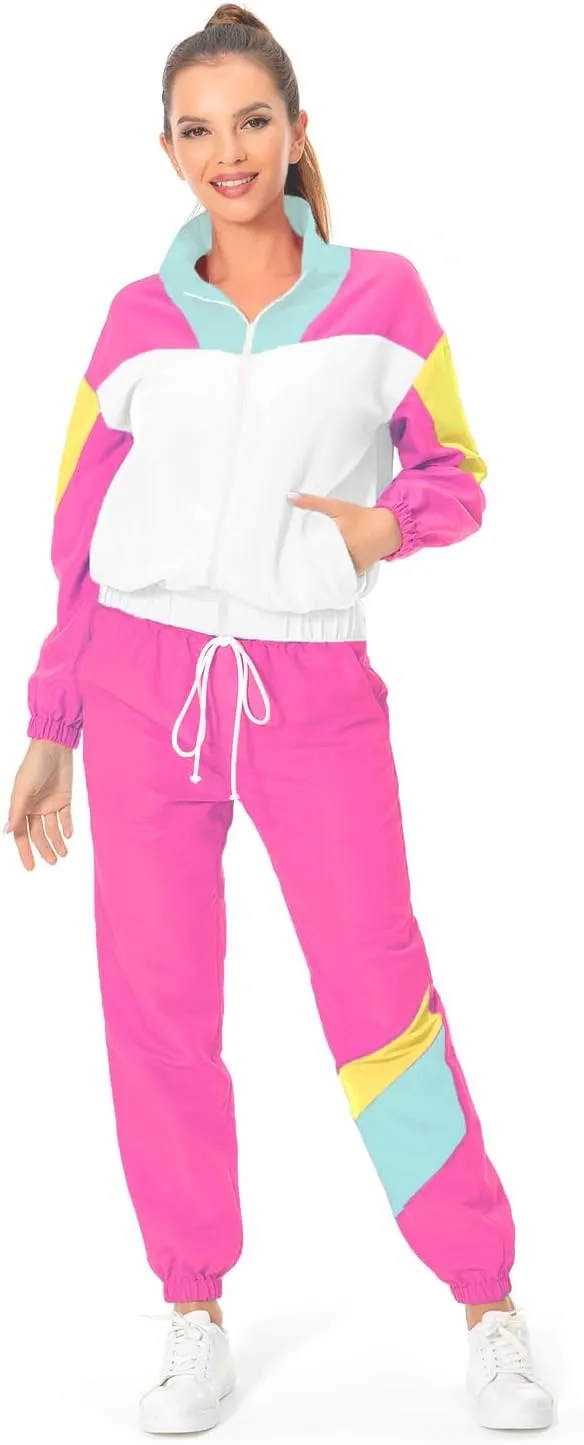 80s Tracksuit Women Retro Sportswear Sets Hip Hop Colorblock Outfit Windbreaker Disco Track Suits