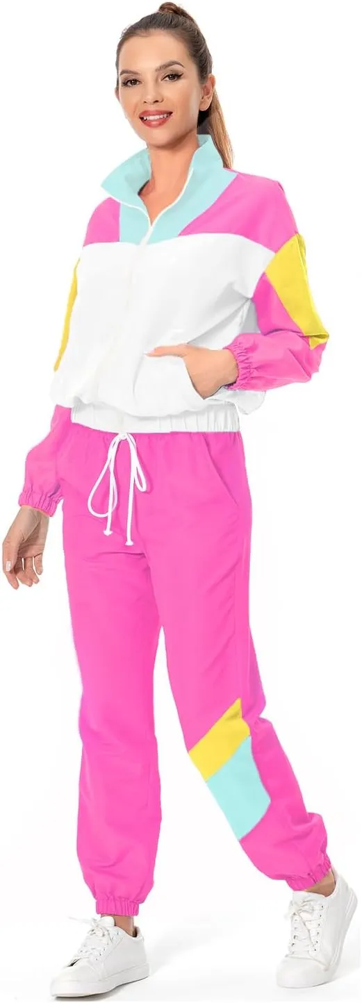 80s Tracksuit Women Retro Sportswear Sets Hip Hop Colorblock Outfit Windbreaker Disco Track Suits