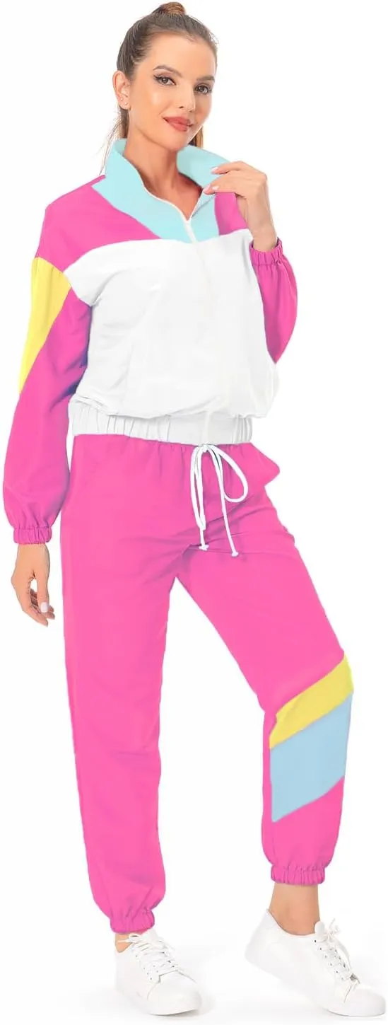 80s Tracksuit Women Retro Sportswear Sets Hip Hop Colorblock Outfit Windbreaker Disco Track Suits