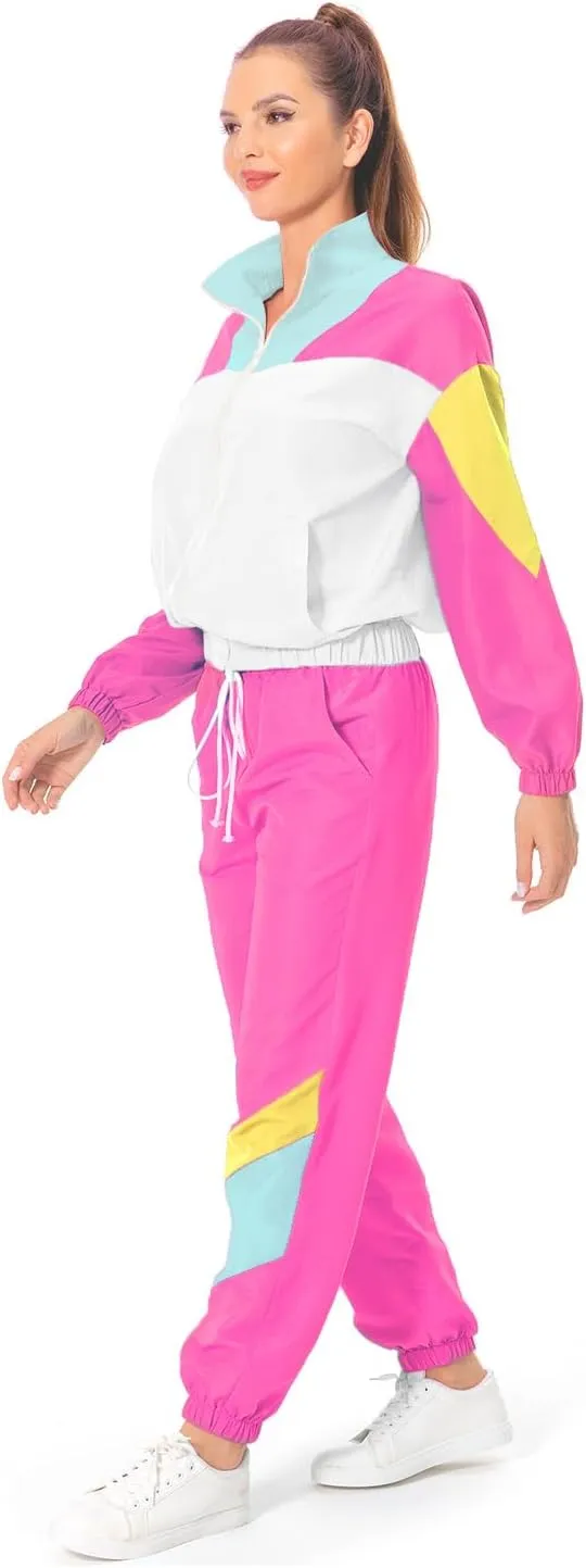80s Tracksuit Women Retro Sportswear Sets Hip Hop Colorblock Outfit Windbreaker Disco Track Suits