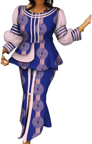 African Clothes for Women Two Piece Outfits Sets African Print Crew Neck Ruffles Tops and High Waist Long Skirts