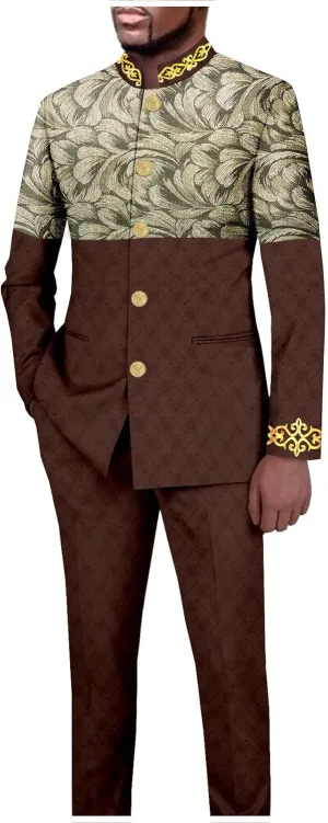 African Suits for Men Slim Fit Embroidery Single Breasted Printed Blazer and Pants Set Formal Outfits
