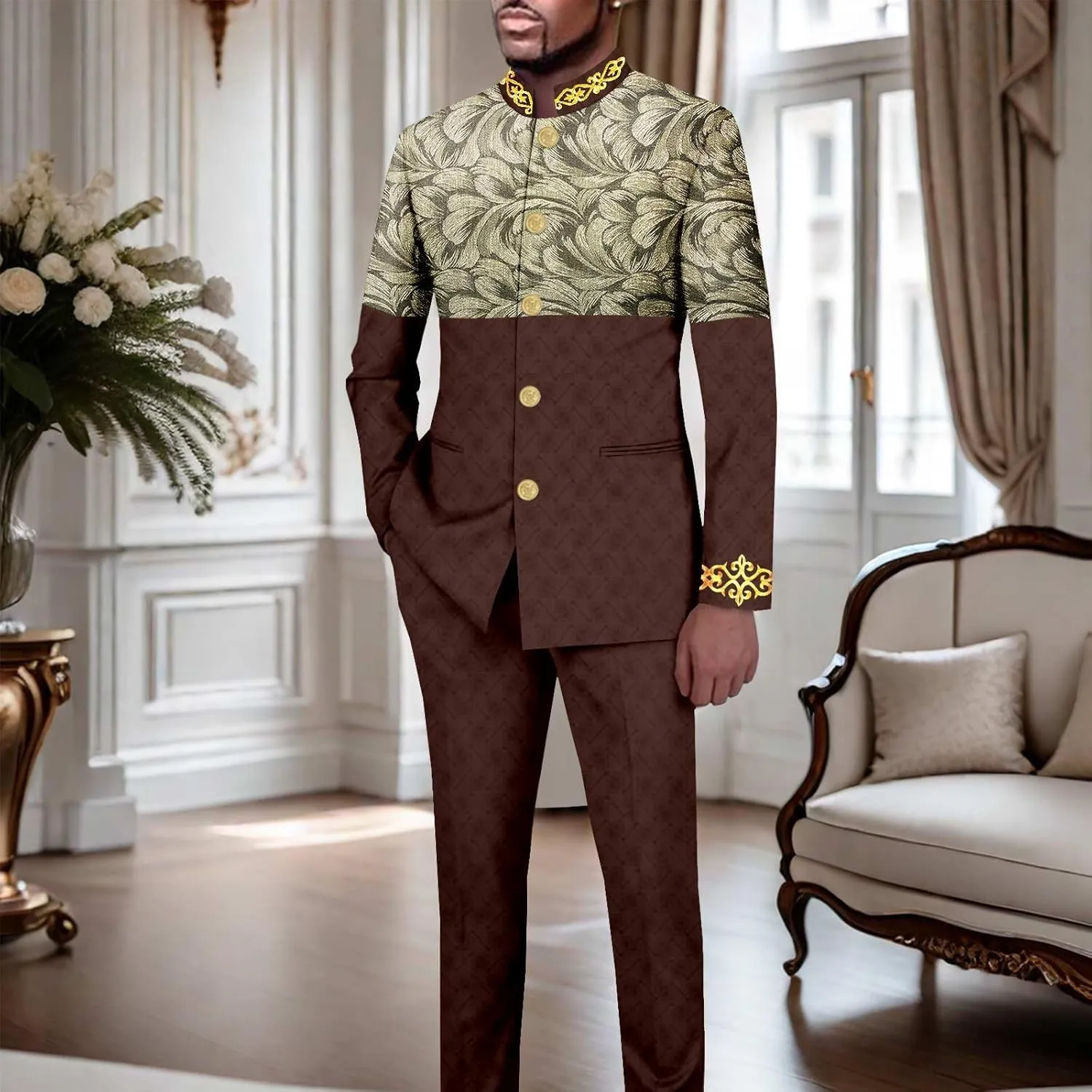 African Suits for Men Slim Fit Embroidery Single Breasted Printed Blazer and Pants Set Formal Outfits