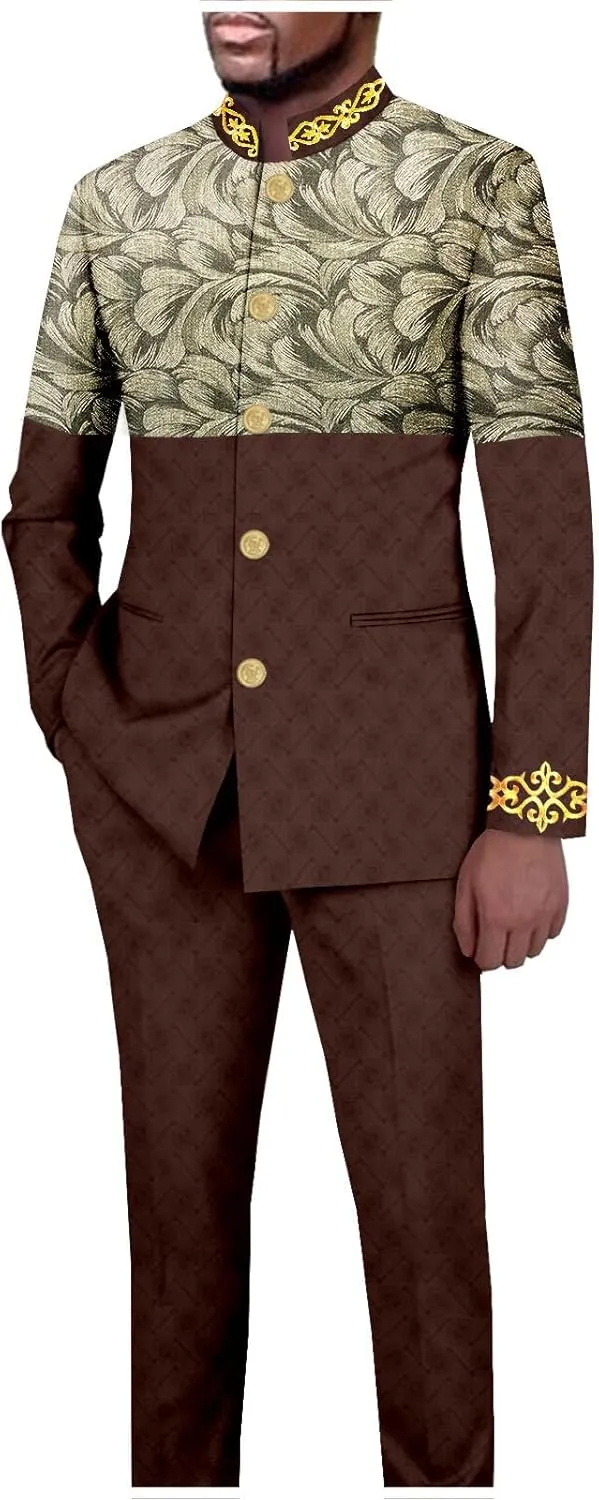 African Suits for Men Slim Fit Embroidery Single Breasted Printed Blazer and Pants Set Formal Outfits
