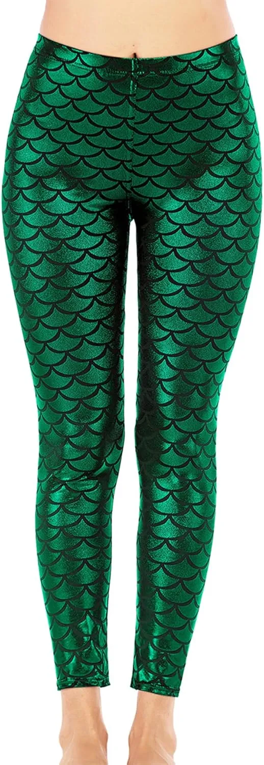 Alaroo Halloween Shiny Fish Scale Mermaid Leggings for Women Pants S-4XL
