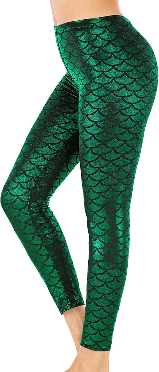 Alaroo Halloween Shiny Fish Scale Mermaid Leggings for Women Pants S-4XL