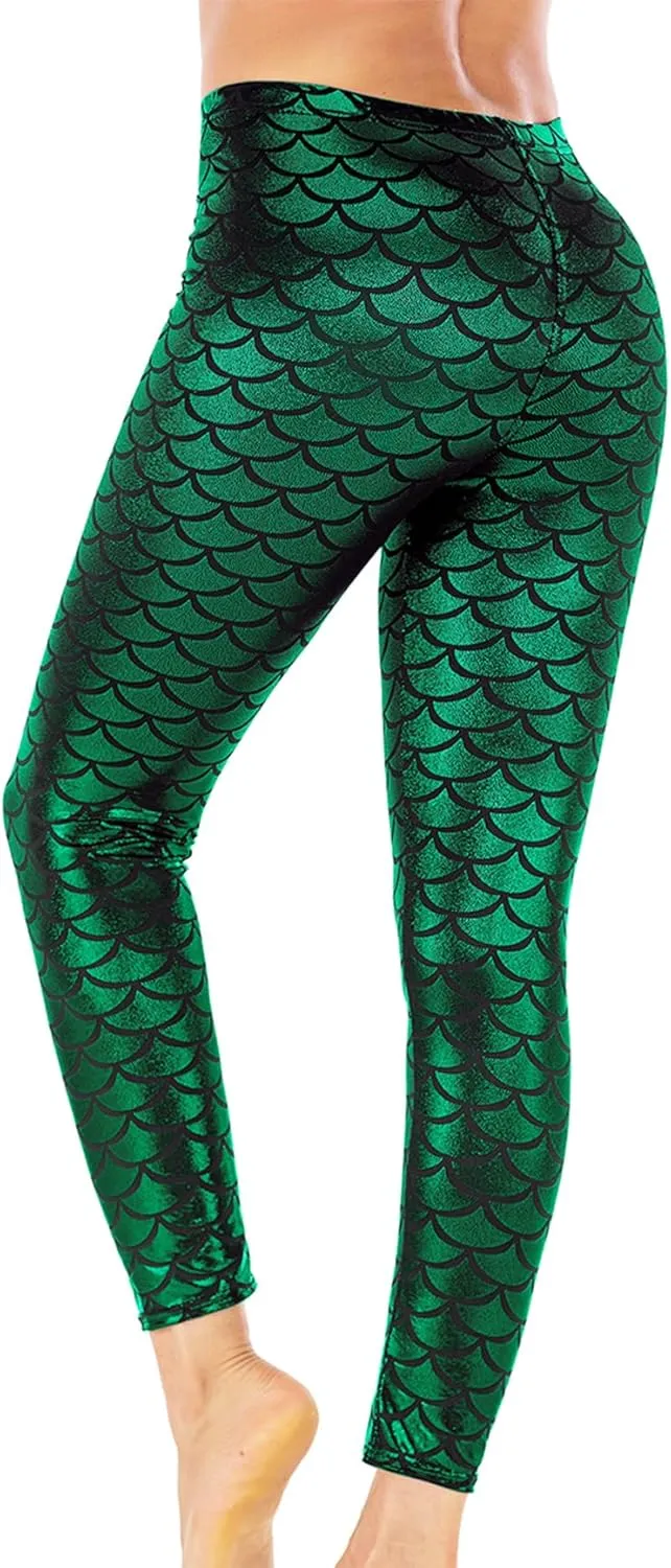 Alaroo Halloween Shiny Fish Scale Mermaid Leggings for Women Pants S-4XL