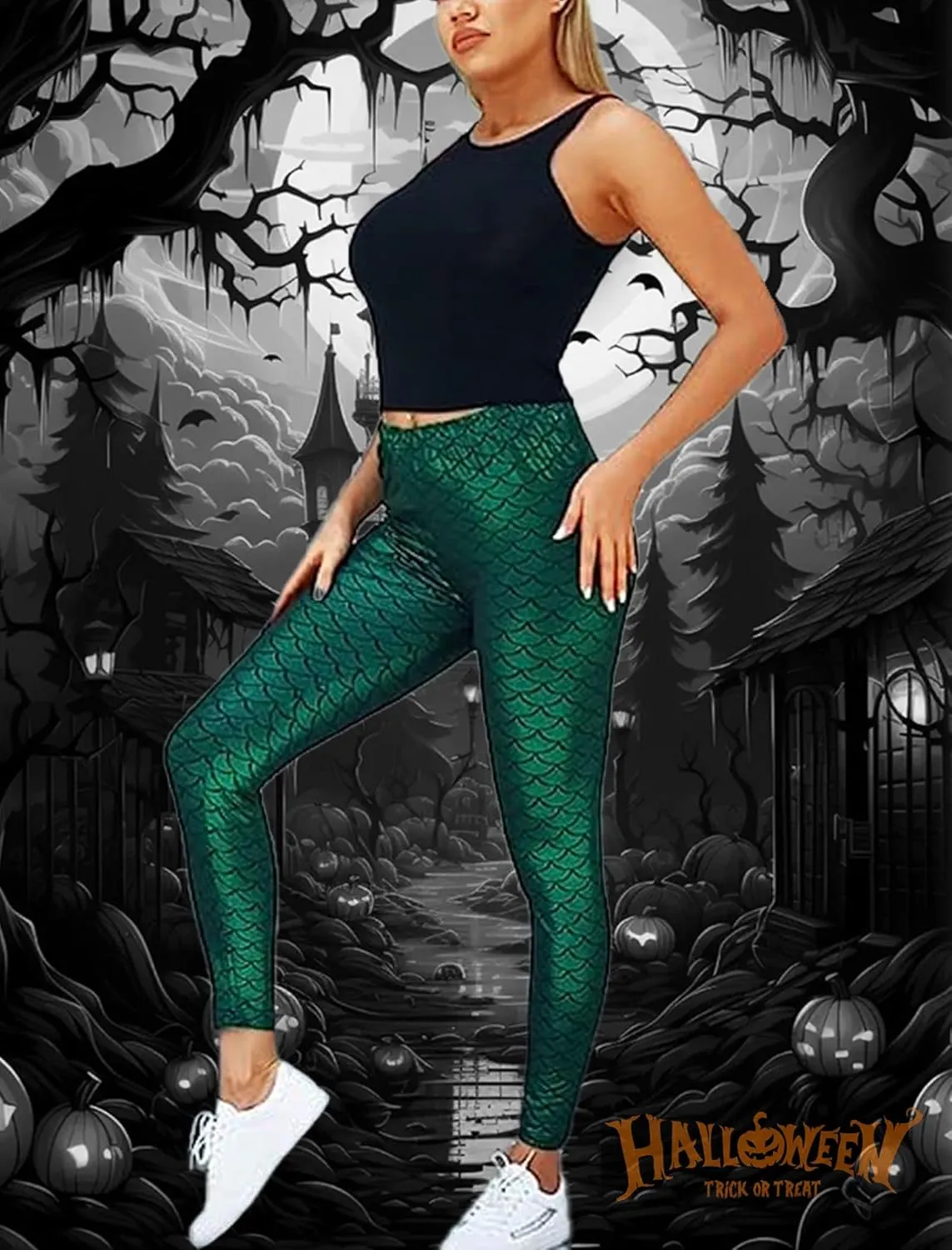 Alaroo Halloween Shiny Fish Scale Mermaid Leggings for Women Pants S-4XL
