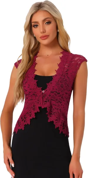 Allegra K Floral Lace Shrug for Women's Wedding Guest Cap Sleeve Formal Sheer Bolero Cardigan