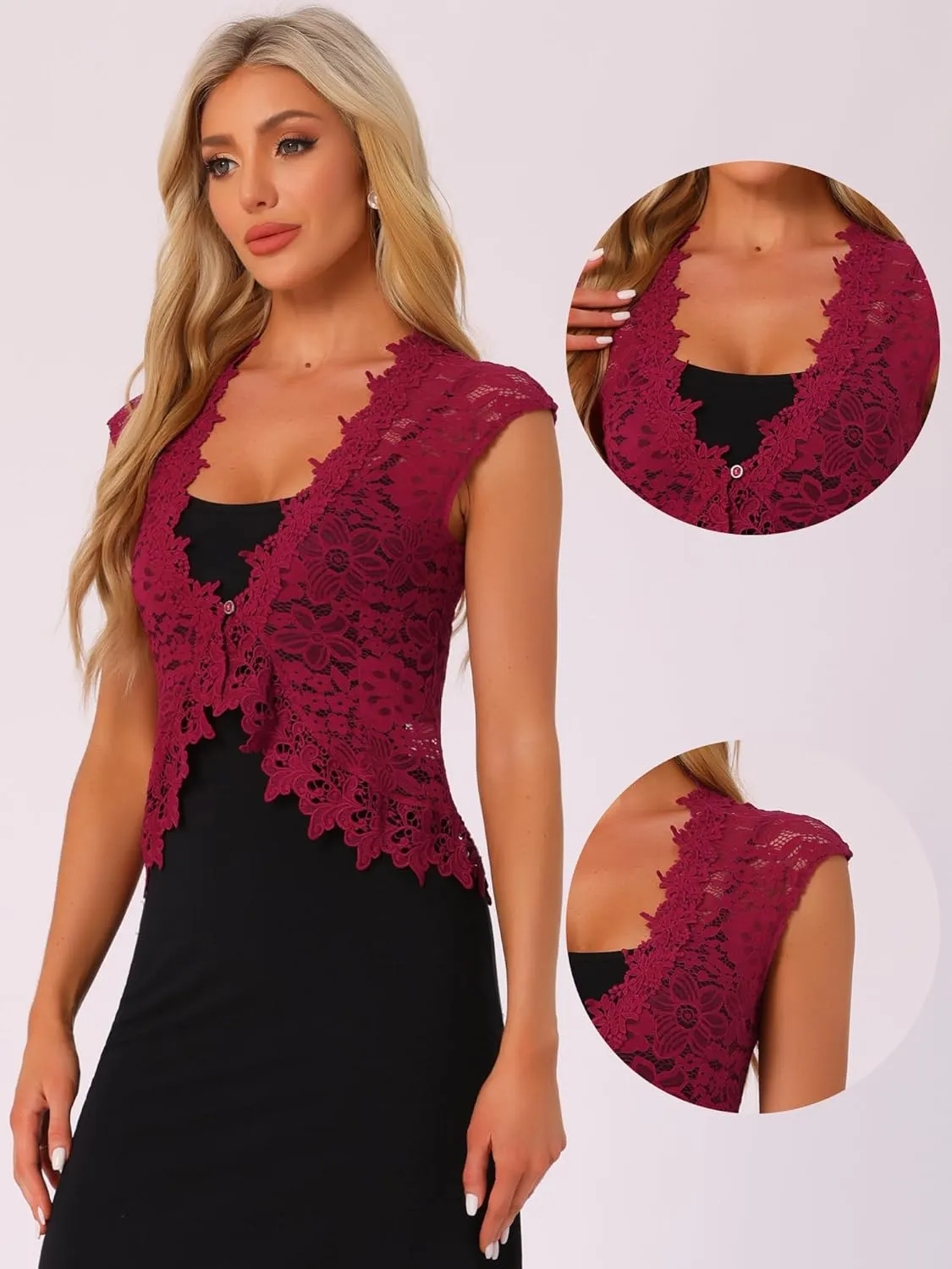 Allegra K Floral Lace Shrug for Women's Wedding Guest Cap Sleeve Formal Sheer Bolero Cardigan