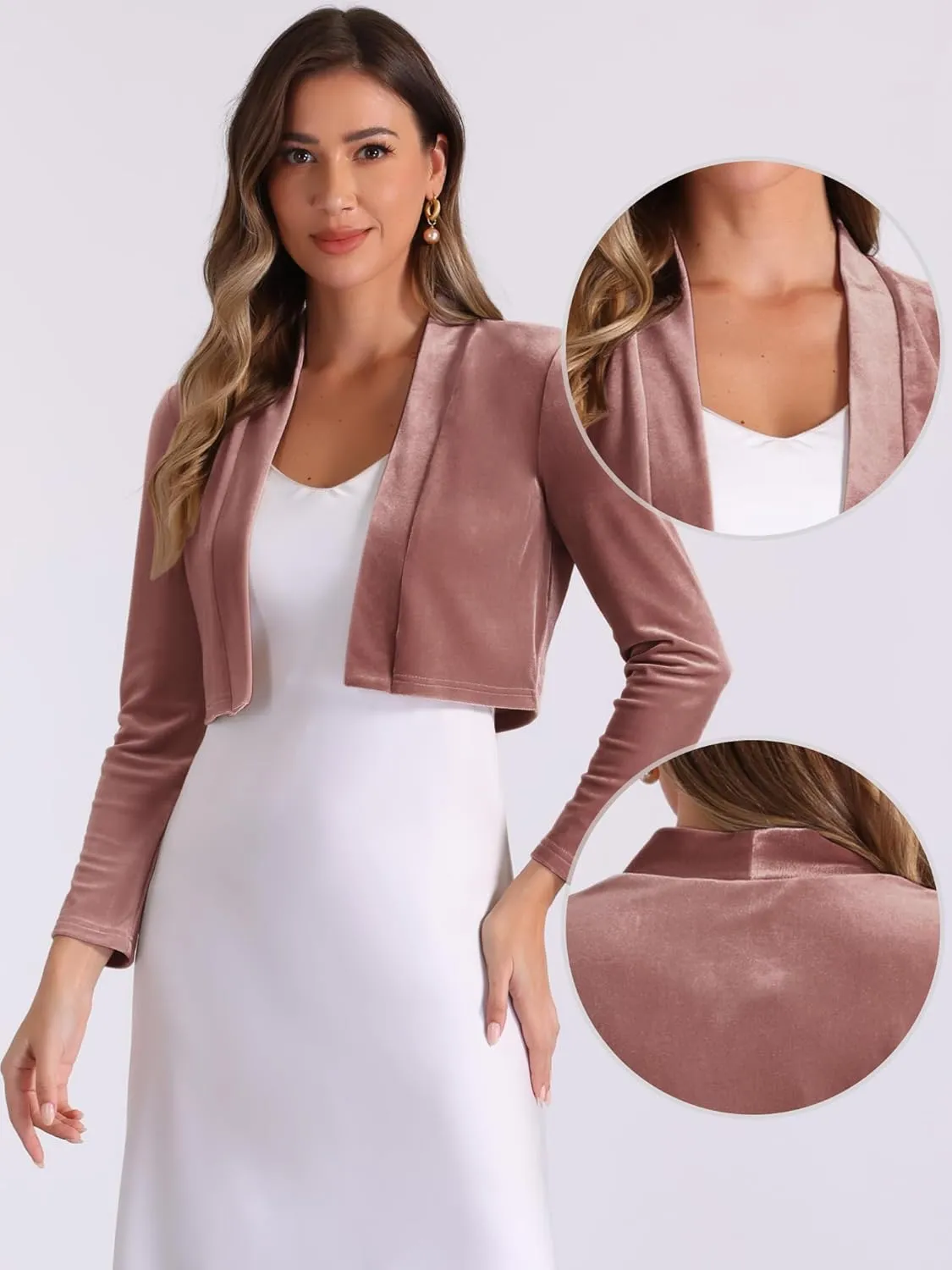 Allegra K Velvet Shrug for Women's Long Sleeve Open Front Cardigan Cocktail Party Cropped Bolero Jacket