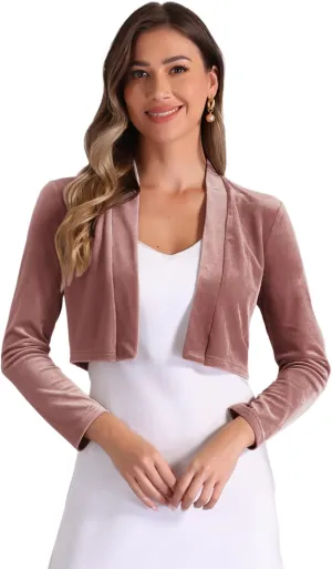 Allegra K Velvet Shrug for Women's Long Sleeve Open Front Cardigan Cocktail Party Cropped Bolero Jacket
