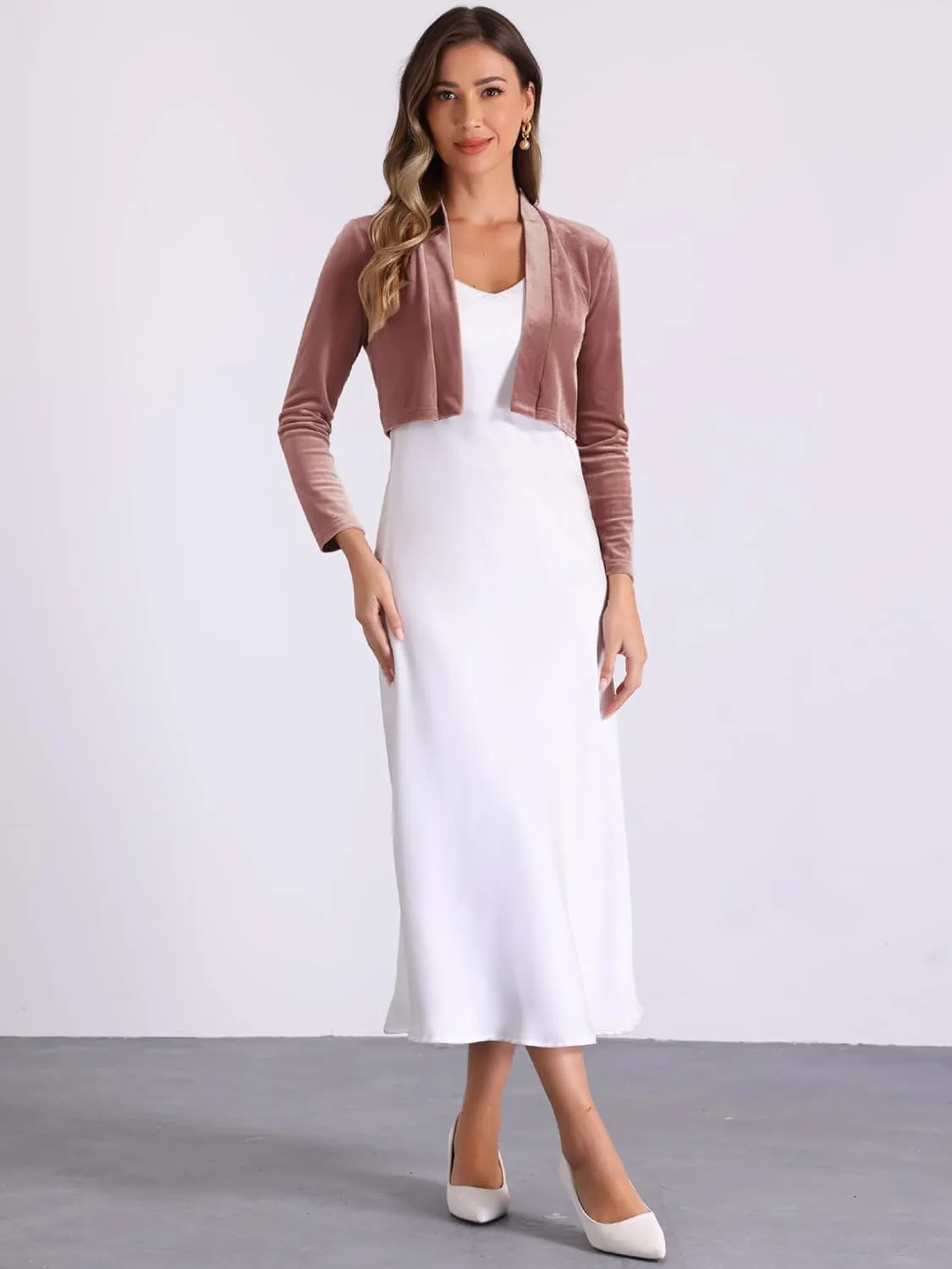 Allegra K Velvet Shrug for Women's Long Sleeve Open Front Cardigan Cocktail Party Cropped Bolero Jacket