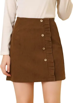 Allegra K Women's Corduroy Vintage Button Decor Ruffled Trim High Waist Short Skirt