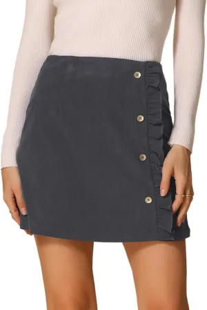 Allegra K Women's Corduroy Vintage Button Decor Ruffled Trim High Waist Short Skirt
