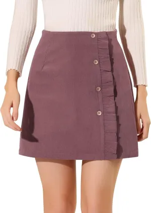 Allegra K Women's Corduroy Vintage Button Decor Ruffled Trim High Waist Short Skirt