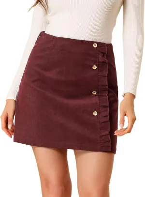 Allegra K Women's Corduroy Vintage Button Decor Ruffled Trim High Waist Short Skirt