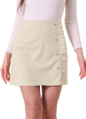 Allegra K Women's Corduroy Vintage Button Decor Ruffled Trim High Waist Short Skirt